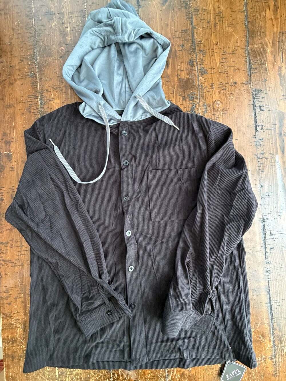 ZAFUL Men's Corduroy Two-Tone Hooded Button Down Shirt, Size L